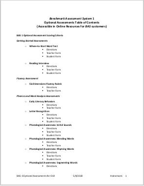 Benchmark Assessment System 1 Optional Assessments Table of Contents